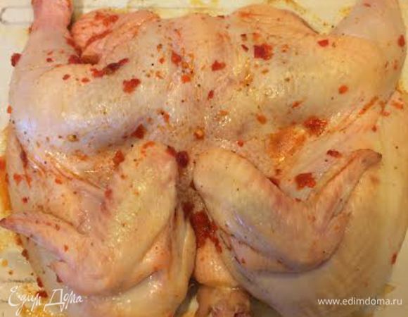 Духовку нагреть до 200°C. Курицу натереть солью и аджикой. Противень слегка смазать оливковым маслом, выложить курицу и запекать до готовности.