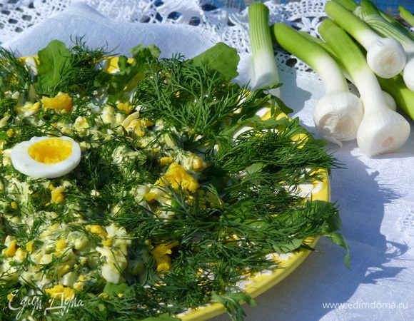 Выкладываем салат на блюдо, украшаем листочками руколы и веточками укропа. 