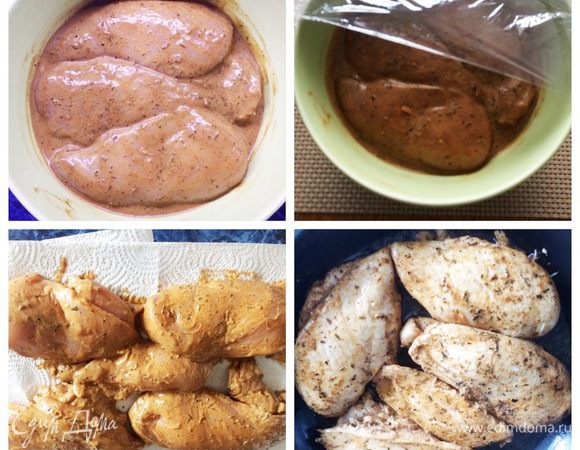 В этот салат можно использовать любое готовое мясо, которое у вас есть в холодильнике, креветки, даже тунца. На крайний случай можно и без мяса, будет совсем легкий салат.
У меня было куриное филе, я часто его запекаю, остужаю и использую на бутерброды вместо колбасы или в салаты. Мариную на ночь мясо, самыми разными способами, как говорится из того что есть. На этот раз это был соевый соус, немного майонеза, горчица острая русская, смесь перцев, немного оливкового масла и прованские травы, все на глаз и на вкус. После маринования обтираю мясо салфетками и обжариваю мясо на оливковом масле только для того чтобы его запечатать. 