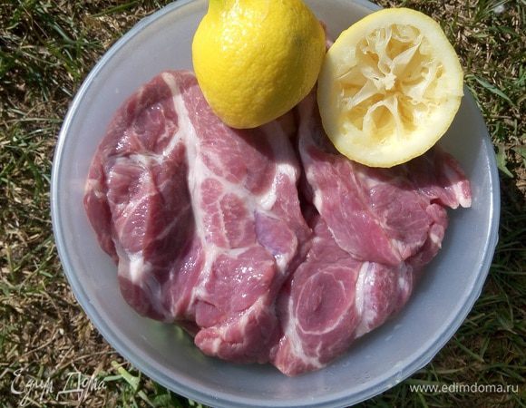 Лимон разрезать пополам, выдавить сок. "Искупать" мясо в  лимонном соке. Оставить мариноваться примерно на 15-20 минут.
Пока мясо маринуется, разжечь угли для мангала.