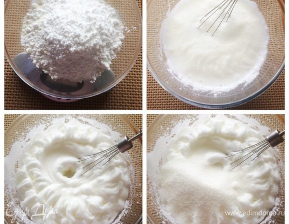 Смешиваем сахарную пудру вместе с мукой. Белки взбиваем в крепкую пену.
Добавляем сахар и пакетик ванильного сахара и продолжаем взбивать.