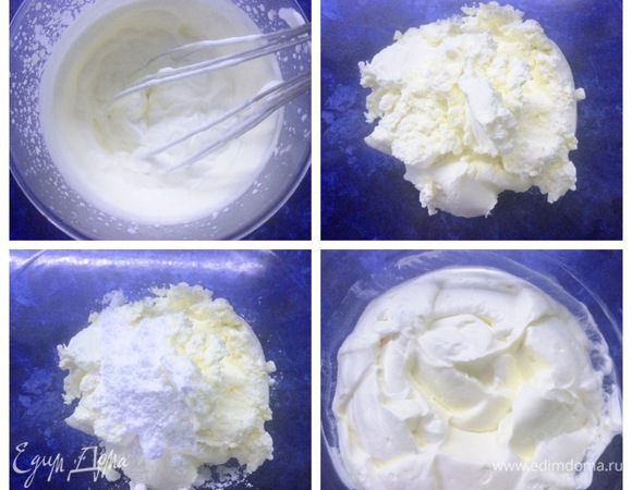 Готовим крем. Взбить сливки. Сливочный сыр взбить с сахарной пудрой и ванильным сахаром. Соединить сливки и сыр, крем готов.