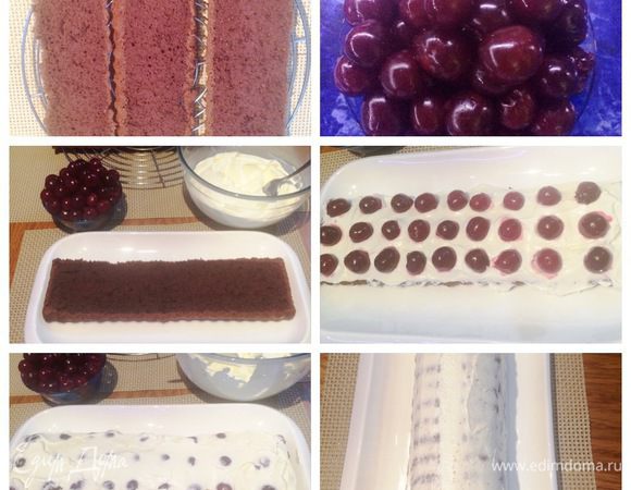 Собираем тортик. Вишню помыть и вынуть косточки.
Бисквит я разрезала при помощи зубчатого ножа для резки хлеба на три части. Крем зрительно делим, чтобы нам хватило на промазку коржей и еще обмазать весь торт.
Укладываем один корж на блюдо, смазываем кремом, сверху выкладываем вишню и еще немного крема на вишню, как-бы ее прикрывая. Накрываем вторым коржом и повторяем процесс. Укладываем третий корж и обмазываем весть торт кремом. Мне крема хватило.