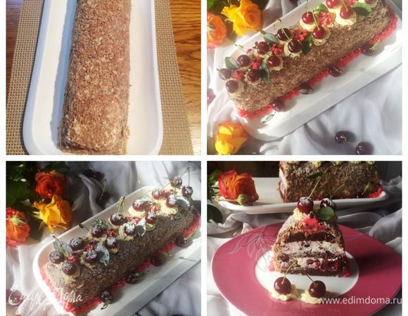 Торт я обсыпала крошкой обычных шоколадных вафель. Можно рубленным орехом, тертым шоколадом или крошкой печенья. Отправить торт на пропитку в холодильник минимум на 3 часа (у меня ночь).
Достаем торт, украшаем по своему вкусу и желанию, зовем домочадцев на чай с тортиком.
Вкусно! Приятного аппетита!!!