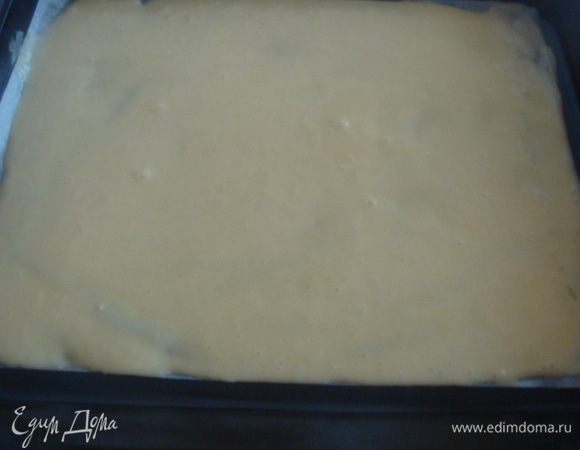 Противень застелить пергаментом. Вылить тесто на противень выпекать в заранее разогретой духовке до 200°С 10-15 минут. Все зависит от духовки. Пока не подрумянится.