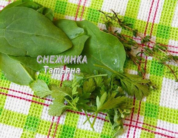 Подготовим зелень. Шпинат, петрушку и свежий тимьян промываем. Обсушиваем. 