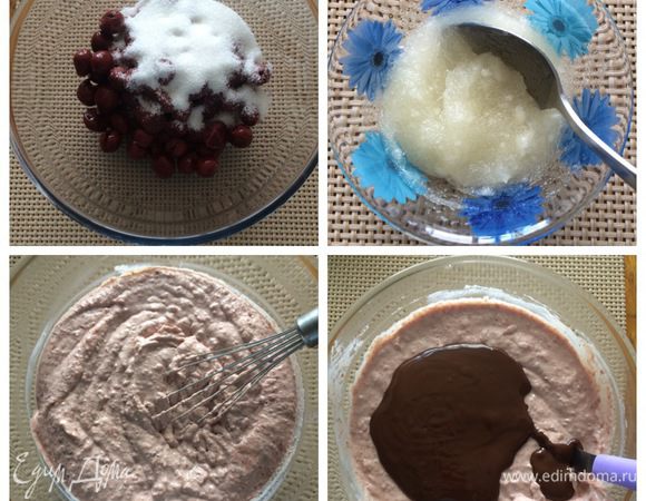 Приведенных ингредиентов хватит на большую форму диаметром 26-28 см. Я же использовала форму 20 см, т. к. хотела сравнить на вкус свежеприготовленный торт и торт после заморозки. Поэтому часть начинки у меня была охлаждена без бисквита, в виде десерта, которую мы съели как только она застыла и охладилась, остальная часть пошла в торт, который заморозила.
И так, готовим вишню:
Выложить консервированную вишню в дуршлаг, дать стечь соку. Если вишня замороженная, разморозить и слить сок. Если свежая, вынуть косточки.
Засыпать сахаром и измельчить в блендере.
Желатин замочить в воде, дать набухнуть минут 10, распустить на водяной бане. Шоколад растопить на водяной бане.
В маскарпоне добавить измельченную вишню, перемешать. Добавить растопленный и остывший шоколад, перемешать. Также добавить распущенный желатин и все тщательно перемешать.
