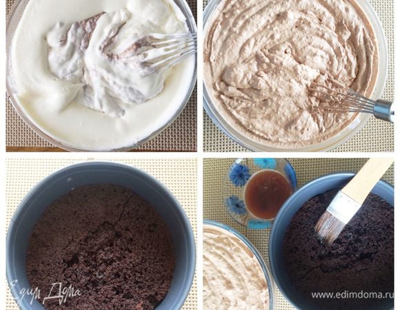 Взбить сливки и аккуратно ввести в сливочно-вишневую начинку. Перемешать.
В разъемную форму (у меня 20 см), выложить корж, пропитав его свежеприготовленным кофе с ложечкой коньяка. Бисквит я готовила по рецепту http://www.edimdoma.ru/retsepty/79516-mussovyy-tort-vishnevyy-briz, вернее, у меня осталась часть бисквита от приготовления торта Муссовый торт «Вишневый Бриз». Его то я и использовала для эксперимента. 