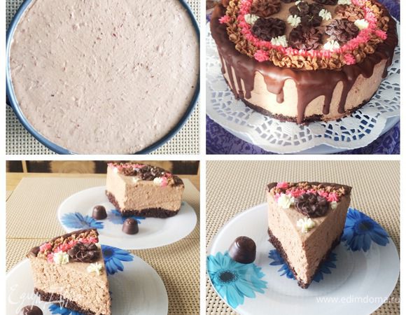 Поверх пропитанного коржа выкладываем сливочно-вишневую массу, разравниваем и отправляем в холодильник до полного застывания, желательно на ночь, но минимум на 4 часа.
В моем случае, я накрыла пищевой пленкой и отправила в морозилку, забыв о нем на 3 недели. За сутки до подачи, я вытащила торт из морозилки, переставила в холодильник, где он провел ночь. Утром я украсила, как говорится, чем бог послал. Т. к. я часто пеку торты, то у меня остаются какие-то заготовки. К примеру, в виде шоколадных цветов, сделанных при помощи силиконовых молдов. Или же есть часть крема, которую я также замораживаю, а потом использую по надобности. Вы же можете украсить тортик по своему желанию и фантазии.
В итоге вот такой торт у меня получился. 