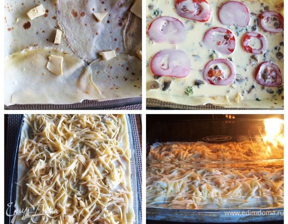 Форму, в которой будем выпекать запеканку смазываем обильно сливочным маслом (у меня прямоугольная). Застилаем блинами. Посыпаем тертым сыром, укропом, выкладываем грибы, сверху пластины помидор и заливаем заливкой. Все на глаз и вкус. Укладываем сверху блины и повторяем весь процесс, пока наши ингредиенты не закончатся. Верхний слой запеканки просто посыпаем тертым. Отправляем запеканку выпекаться в разогретую духовку до 180°С примерно минут на 40-60. Следите за духовкой.