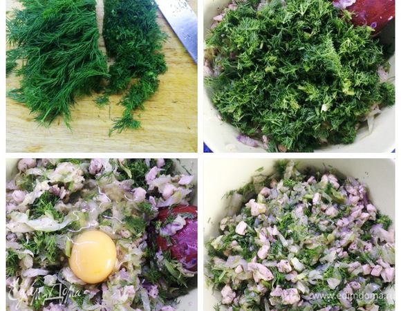 Нарезаем хороший пучок свежего укропа. Отправляем к остывшей начинке. Перемешиваем. Добавляем яйцо и снова перемешиваем.
Начинка готова.