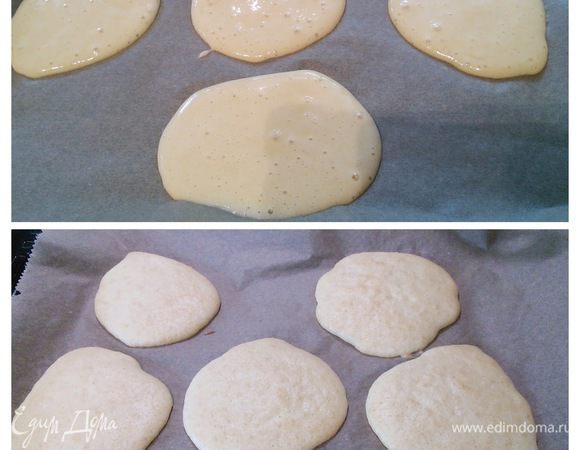 Подготовить два противня с бумагой и столовой ложкой выложить 12 кружочков. Выпекать по 9-10 мин. Остудить на противне. 