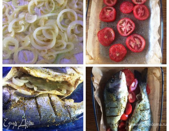 Пока солится наша рыба, чистим лук и нарезаем колечками. На сковороде разогреваем 2 ст.л. оливкового масла и обжариваем на нем лук до золотистого цвета. 
Подготовим форму, в которой будем выпекать рыбу (у меня стеклянная). Застелить пекарской бумагой и смазать оливковым маслом. 
На дно формы укладываем порезанные пластинами помидоры. Немного их посолить и поперчить. 
Жаренным луком наполняем наши рыбки и в каждую кладем по 1 лавровому листику. Укладываем рыбу на помидоры. Чеснок мелко натереть/раздавить и смазать шкурку рыбок. Сверху сбрызгиваем оливковым маслом. Между рыбками укладываем еще дольки помидора. 