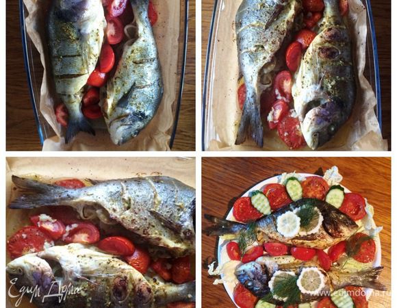 Отправляем рыбу в разогретую духовку до 200°C и выпекаем минут 30. Следим за своей духовкой, при надобности временами накрываем фольгой, чтобы не подгорела.
Готовую рыбу подаем сразу же, украсив по желанию лимоном и свежим укропом.
