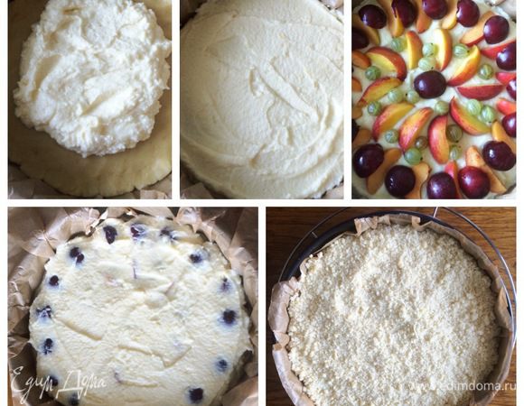 На тесто выкладываем половину творожной массы, разравниваем. Распределяем сверху фрукты и ягоды. Распределяем вторую часть творожной массы. Достаем крошку из холодильника и равномерно распределяем по поверхности пирога.
Отправляем пирог в разогретую до 190°C и выпекаем минут 40-50 (следим за духовкой). 