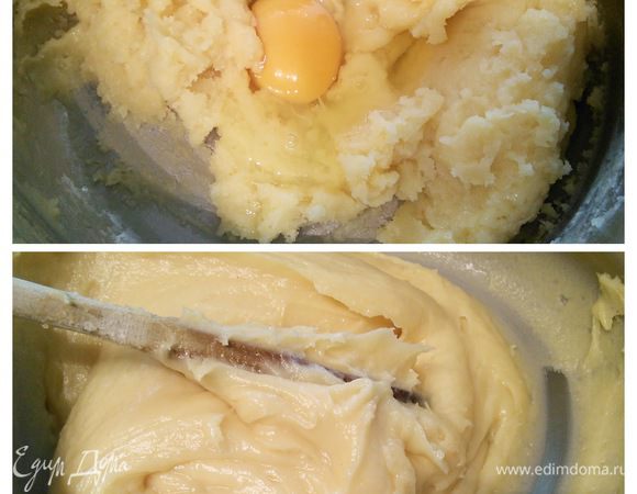 Миксером вмешать по одному яйца. Каждое следующее яйцо вмешивать только после того, как предыдущее яйцо тщательно соединилось с тестом. Тесто должно быть гладким и блестящим. 