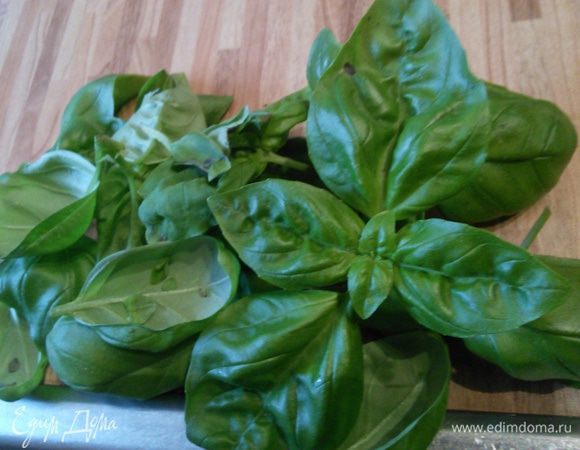 Готовим базиликовый крем. Базилик сполоснуть, обсушить, снять с веточек. 