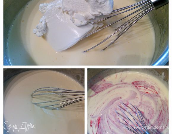 Будущее мороженое смешать с рикоттой до однородности, ввести малиновый соус, можно размещать, а можно оставить разводы. 