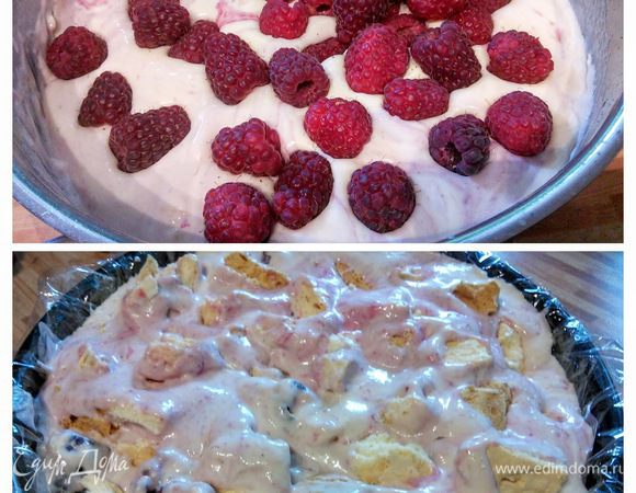 Остальное безе раскрошить более крупными кусочками. Мороженое достать из морозилки и аккуратно смешать с остальной малиной (несколько красивых ягод оставить для декора) и кусочками безе и выложить вторым слоем. 