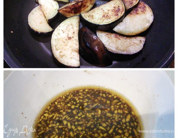 Уксус, соль, перец, сахар и чеснок соединить в пиале, добавить половину оливкового масла и взбить до консистенции эмульсии. 
Баклажаны промокнуть салфеткой. В сковороде разогреть масло и обжарить баклажаны с обеих сторон до золотистой корочки. 

* предвижу, что кто-то из вас подумает запечь баклажаны в духовке (была и у меня такая идея), но все же я решила их обжарить. На почти сухой сковороде поливала маслом ломтики баклажан сверху. Этого хватило, чтобы обжарить с обеих сторон на минимальном количестве масла. 