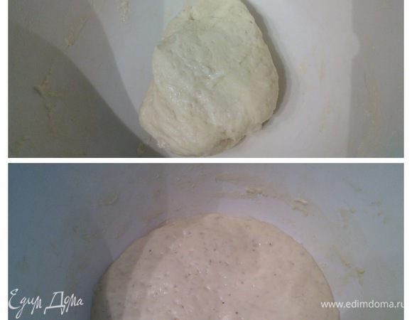 Для опары соединить муку с водой и дрожжами и оставить под пленкой на 16-18 часов при комнатной температуре для созревания. Получается комок теста средней плотности. 

* 1/5 гр дрожжей это приблизительно размер горошины. 
* опара до и после. 