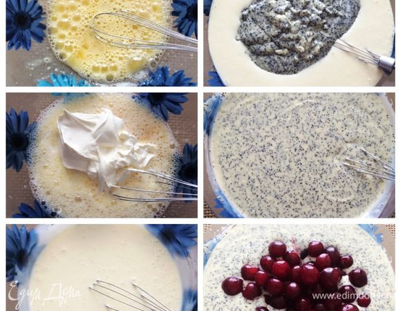 В миске взбиваем 3 яйца с 2 ложками сахара, добавляем 400 грамм сметаны, взбиваем. Добавляем маковую смесь и все перемешиваем.
Отправляем вишню в начинку. 