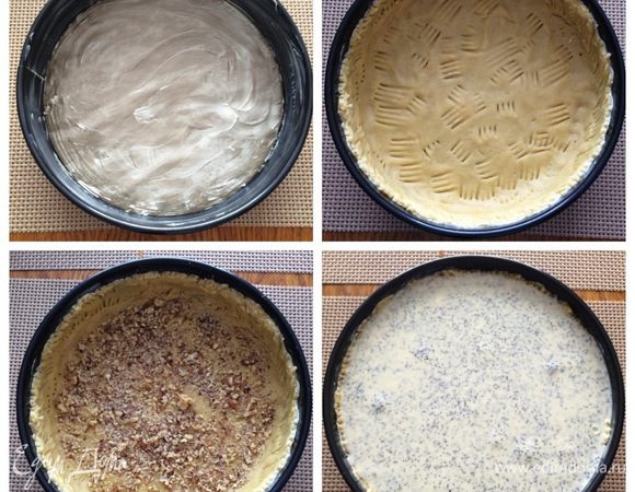 Подготовим разъемную форму для выпекания (26 см), застелив дно пекарской бумагой и смазав всю форму сливочным маслом.
Распределяем тесто равномерно по дну и бортикам формы.
На дно я положила рубленные орехи (можно опустить этот шаг, если вы не любитель орехов). Выкладываем начинку на тесто, разравниваем и отправляем выпекаться пирог в разогретую до 180°C минут на 60-70 (ориентируемся на свою духовку).