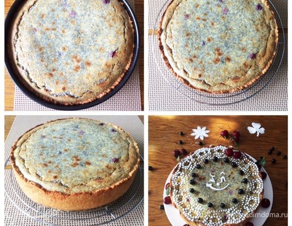 Готовый пирог вынимаем и остужаем в форме.
Остывший пирог отправляем в холодильник минимум на 5 часов (у меня ночь).
На утро к чаю/кофе очень вкусный сметанный пирог с маком и вишней.
