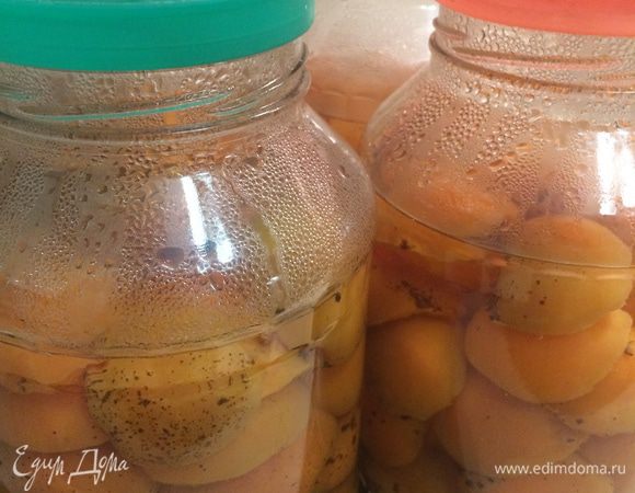 Залить абрикосы кипящей водой, накрыть банки пластмассовыми крышками и оставить на 10-12 минут. Через указанное время воду слить в кастрюлю, добавить сахар (из расчета 350-400 гр на 1 л воды) и сварить сахарный сироп.
  