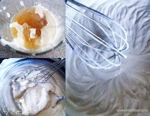 Половину сливок взбить до твердых пиков и добавить в сырную массу. Другую половину подогреть (можно в микроволновке) и растворить в ней оставшийся желатин. Когда сливки с желатином немного остынут, добавить их в основную массу. Аккуратно, но тщательно перемешать.