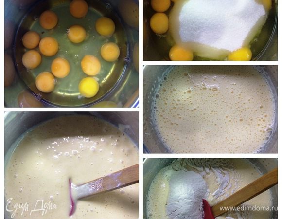 Куриные яйца взбиваем с сахаром, ванильным сахаром, щепоткой соли и разрыхлителем, до получения пышной светлой массы (я взбивала при помощи миксера).
По времени это примерно 7 минут.
К полученной массе, аккуратно добавляем просеянную муку и вмешиваем ее осторожно при помощи лопатки, чтобы взбитые яйца не опали.
