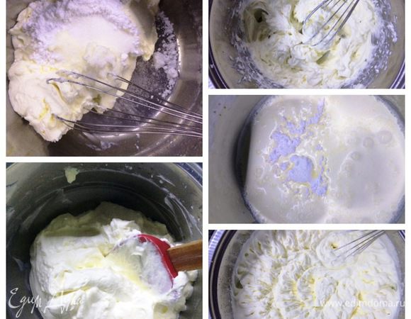 Крем готовится очень легко и быстро. Взбиваем охлажденные сливки с сахарной пудрой. Также взбиваем сливочный сыр с сахарной пудрой. Затем их объединяем и еще немного взбиваем. Крем готов. Сладость крема точно можно регулировать по своему вкусу, т. к. зависит еще и от ягод, которые будете использовать в торте. Я оставила немного крема, которым потом обмазала торт для пропитки боков, вы можете весь крем использовать. 