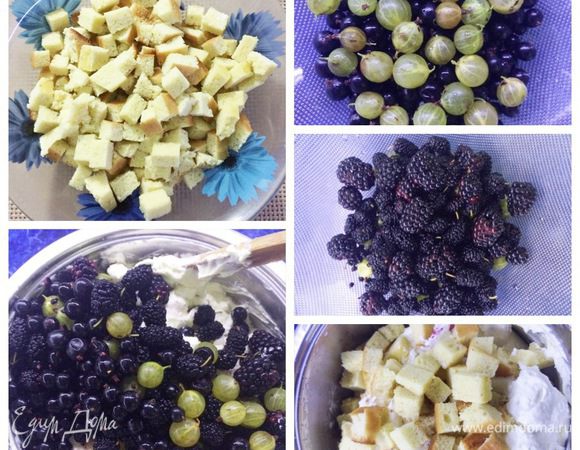 Как писала уже выше, бисквит нарезаем кубиком. Ягоды моем, чистим, если есть хвостики. Если это вишня, вынимаем косточки.
Теперь нужно вмешать в большую часть крема бисквит и ягоды. Перемешиваем аккуратно лопаткой. Начинка для торта готова. Можно также в крем вмешать только бисквит. Затем когда будете собирать торт, уложить часть начинки, сверху ягоды, а потом оставшуюся начинку сверху. Это уже как вам проще, в итоге, на результат это не повлияет. 