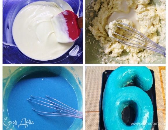 Украшаем торт по своему желанию. Можно просто обсыпать молотыми орехами или бисквитными крошками. А можно свежими ягодами, сахарной пудрой и листиками мяты.
У меня праздничный вариант, поэтому поделюсь рецептом ганаша (нашла его у Констанции для темного шоколада), которым выравнивала торт. У меня ганаш из белого шоколада, сгущенного молока и масла.
На водяной бане растопить шоколад. В отдельной миске взбить мягкое сливочное масло со 100 г сгущенного молока. Соединить масло с шоколадом, все взбить. Я еще добавила несколько капель голубого гелевого красителя для цвета. Получается жидкий ганаш, т. к. шоколад был теплым. Дать постоять и ганаш немного загустеет.
Обмазываем наш охлажденный торт и выравниваем. Для начала очень тонким слоем обмазываем торт, чтобы поверхность была шоколадной, а не в креме, который может тянуться за спатулой. Отправляем в холодильник, чтобы ганаш застыл. Затем уже обмазываем и выравниваем как нам нужно, где слой чуть толще, где тоньше. Выравнивать торт можно бесконечно, чтобы добиться желаемого результата, уже сами определите до какой степени стоит это делать. Мне не нужен был прямо идеальный вариант, поэтому процесс выравнивания длился недолго.