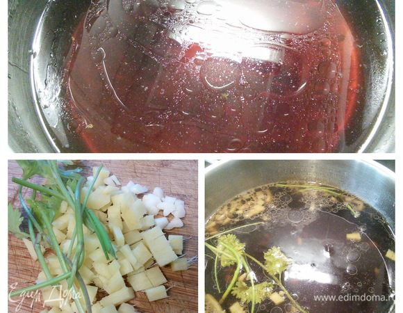 Имбирь и чеснок очистить, порезать. С кинзы оборвать листики, отложить в сторону. Лемонграсс порезать на кусочки. В куриный бульон влить соевый соус и довести до кипения, добавить рисовое вино (у меня сухое белое), имбирь, чеснок, лемонграсс (у меня в поршке, т.к. свежую купить не удалось ) и стебли кинзы. Проварить на слабом огне 30 минут.
