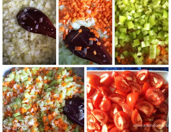 В казан или глубокую сковороду (у меня чугунная, еще с советских времен именно для этих целей) наливаем растительное масло и отправляем туда лук. Обжариваем его до мягкости. Затем добавляем морковь и продолжаем обжаривать пока морковь не обмякнет. Наконец отправляем туда резанный перец и еще немного обжариваем постоянно помешивая овощную смесь. 
Томаты нарежем на дольки, чтобы измельчить их в блендере.