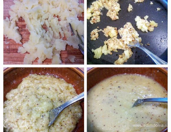 На разогретой сковороде поджарить бекон до золотистого цвета и выложить его на бумажное полотенце. Постараться сделать так, чтобы жир от обжарки бекона максимально остался в сковороде. Раздавленный картофель смешать с жиром от бекона, добавить горчицу, соль, перец, оливковое масло и бальзамический уксус, лучше светлый. Если его нет, то можно использовать уксус белого вина и чуть-чуть сахара. Взбить вилкой.  Получится густая пастообразная масса, ее нужно разбавить фасолевым отваром до консистенции густой эмульсии.