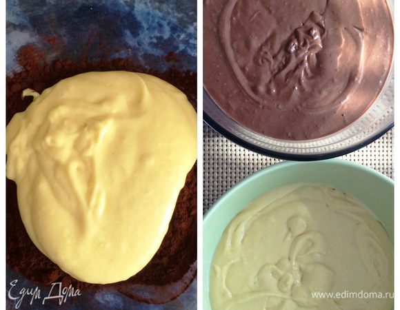 Я решила сделать половину теста шоколадным, поэтому разделила его на две части на глаз. В одну вмешала какао. 