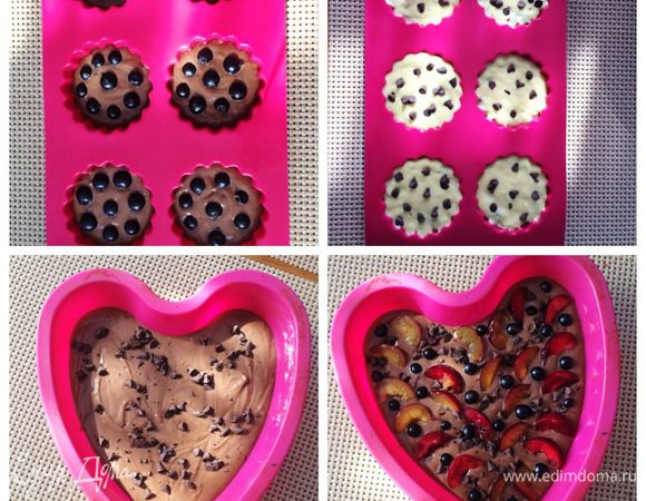 В другой форме я выкладывала тесто уже наоборот, в начале шоколадное, затем ванильное.
Шоколадного теста осталось чуть-чуть, я его выложила в небольшую силиконовую форму (это бонус для взрослых, они могут и из целого кекса есть).
Хочу отметить, что кексы очень хорошо растут, поэтому формы должны быть наполнены не более чем на 2/3. 