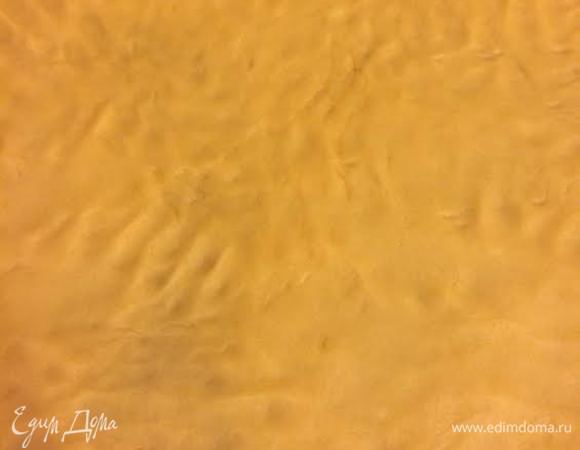 Духовку нагреть до 180°С. Противень размером 42х30 см. застелить бумагой для выпечки, тесто выложить на противень и сформировать корж. Отправить противень с тестом в холодильник.