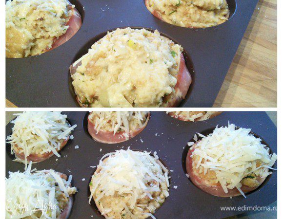 Формочки для маффинов смазать маслом и выложить полосками бекона. Распределить тесто и посыпать маффины оставшимся сыром. 