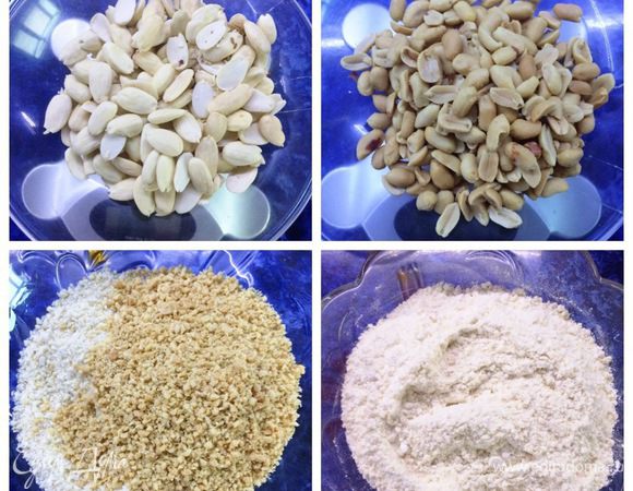 Готовим ореховые коржи: перемолоть орехи, не обязательно до состояния муки, пусть попадаются мелкие кусочки. Перемешать молотый миндаль с арахисом (хотела с грецким орехом, да закончились запасы, заменила на арахис). Добавить муку, сахарную пудру, перемешать. 