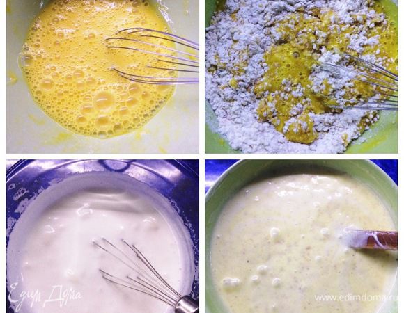 Два целых яйца взбить миксером, добавить к сухим ингредиентам, перемешать. Яичные белки с щепоткой соли взбиваем до пышной пены. Затем добавляем сахар и взбиваем до устойчивых пиков, пока взбитая масса не будет блестеть. Добавляем взбитые белки в яично-ореховую массу и аккуратными заворачивающими движениями перемешиваем. Добавляем растопленное охлажденное масло, перемешиваем. Тесто на коржи готово. 