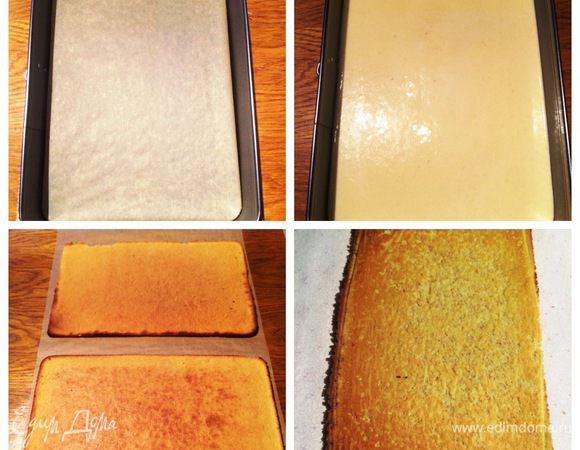 В форму (примерно 24Х24, у меня 45Х25), застеленную пекарской бумагой, выкладываем 1/2 часть теста, выпекаем корж в разогретой духовке до 180°С минут 15 — 20 (следим за своей духовкой, они все разные).
Готовый корж вынимаем, выкладываем на решетку, аккуратно освобождаем от бумаги. Если вам кажется, что бумага плохо отходит, можно ее немного сбрызнуть холодной водой и помогая себе ножом/спатулой аккуратно ее снять. Оставляем корж остывать. Ту же процедуру повторяем со вторым коржом. Ореховые коржи готовы. Т. к. я делила процесс приготовления торта на этапы, я остывшие коржи завернула в пекарскую бумагу и оставила их до следующего вечера, когда собирала торт.