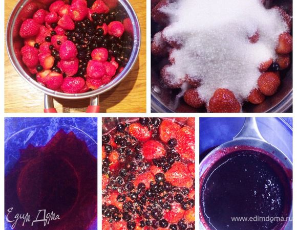 Готовим желе: берем любые ягоды по вкусу или в зависимости от наличия.
У нас пошла вторая волна клубники, решила этим воспользоваться.
Клубнику и смородину моем, чистим, складываем в кастрюлю с толстым дном. Наливаем воду, добавляем сахар и ставим вариться. По мере закипания снимаем образующуюся пенку. Немного увариваем ягодную смесь, минут 10.
Пока варятся ягоды, замачиваем желатин.
Погружным блендером измельчаем ягоды, чтобы легче было перетереть через сито. Перетираем через сито.