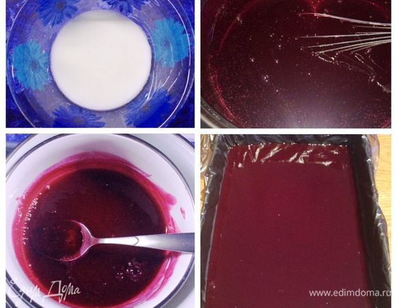 Разводим 1 ч. л. крахмала небольшим количеством холодной воды, чтобы не было комочков. Перетертую ягодную смесь возвращаем на плиту и аккуратно вводим разведенный крахмал, постоянно мешая ягодную смесь до загустения. Как только смесь начнет густеть, выключаем газ.
Желатин отжимаем, на водяной бане его распускаем, ни в коем случае не кипятим. Распущенный желатин добавляем в ягодную смесь, все перемешиваем. Форму я застелила пленкой и вылила в нее 2/3 части желе. 1/3 часть желе я оставила для верхнего слоя торта. Остудить. Отправить в холодильник до полного застывания. Забегая вперед, скажу, т. к. у меня форма была большой, то шансов аккуратно перевернуть такой пласт желе у меня было мало. Поэтому готовое желе я еще заморозила в морозилке, подстраховалась, чтобы оно было целым. Если форма будет меньше, думаю что можно и не замораживать, это уже на ваше усмотрение и в зависимости от мастерства/сноровки.