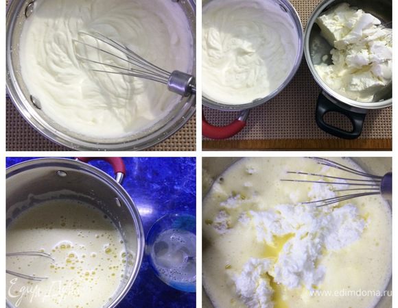 Взбить сливки до крепкой пены. Отдельно взбить маскарпоне.
Разбухший желатин распускаем на водяной бане. Добавляем к яичной смеси, тщательно перемешиваем.
Вводим в яичную смесь маскарпоне, перемешиваем. Затем добавляем взбитые сливки и опять перемешиваем. Мусс готов.