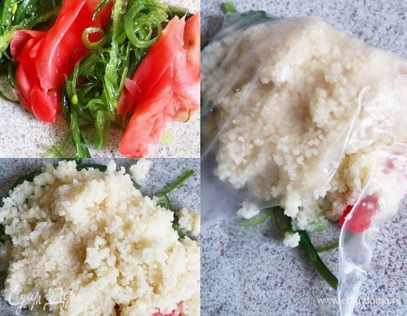 Подготовить рисовую бумагу — опустить в холодную воду на 1-2 секунды, затем вынуть и разложить на доске. Сверху выложить яркую начинку (у меня — чука+имбирь и помидоры+грибы+морковка), чтобы ее было видно сквозь полупрозрачную рисовую оболочку, на нее — кускус или макароны и аккуратно завернуть все в бумагу.