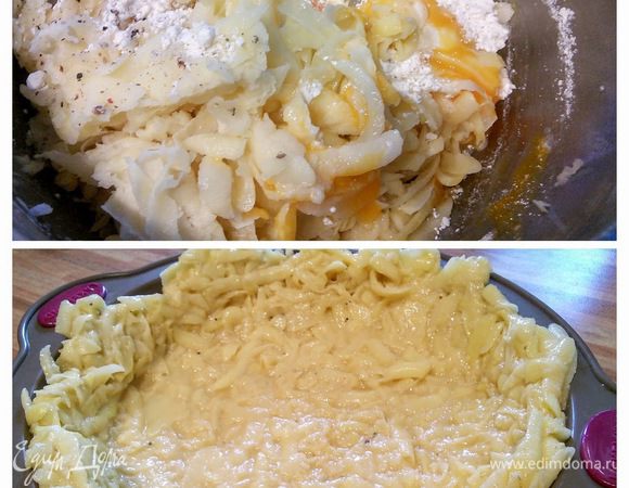 Картошку очистить, помыть, натереть на крупной терке. Выложить картофельную массу на дуршлаг и дать стечь лишней жидкости (придавить ложкой). Смешать с мукой, 1 яйцом, солью и перцем. Разогреть духовку до 200°С. Форму для запекания 26 см в диаметре смазать маслом и выложить картофельную массу в форму, образуя бортики. Запекать около 20 мин на нижнем ярусе духовки. 