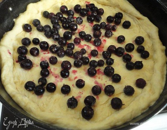 Перед формовкой пирога включаем духовку для разогрева до 200°С. Подошедшее тесто уложить в смазанную маслом форму (если любите пироги потоньше, возьмите форму большего диаметра или прямоугольную. У меня форма 28 см). Формируем небольшие бортики, высыпаем смородину. У меня была крупная смородина, и одной горсти оказалось вполне достаточно, от температуры она треснула и ее сок распределился по всему пирогу. 